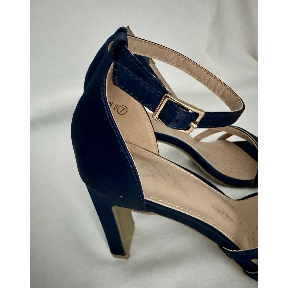 Women's Navy Blue Heel 7 Ankle Strap Open Toe Square Wedding Party  Sandal Heels